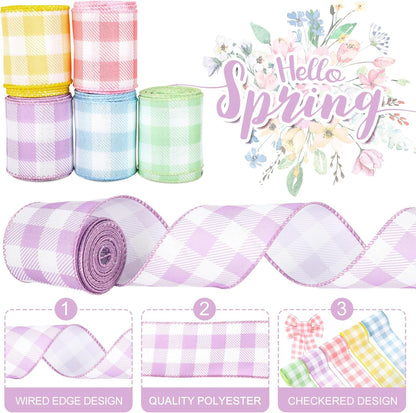 Spring Wired Edge Ribbon 30 Yards Pastel Buffalo Plaids Fabric Ribbon Light Blue Yellow Pink Purple Green Decorative Wrapping Ribbons for Easter Wreath Bow Making DIY Crafts, 5 Roll