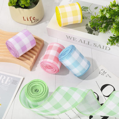 Spring Wired Edge Ribbon 30 Yards Pastel Buffalo Plaids Fabric Ribbon Light Blue Yellow Pink Purple Green Decorative Wrapping Ribbons for Easter Wreath Bow Making DIY Crafts, 5 Roll
