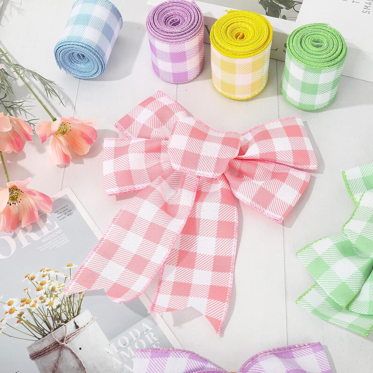 Spring Wired Edge Ribbon 30 Yards Pastel Buffalo Plaids Fabric Ribbon Light Blue Yellow Pink Purple Green Decorative Wrapping Ribbons for Easter Wreath Bow Making DIY Crafts, 5 Roll