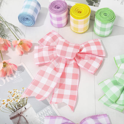 Spring Wired Edge Ribbon 30 Yards Pastel Buffalo Plaids Fabric Ribbon Light Blue Yellow Pink Purple Green Decorative Wrapping Ribbons for Easter Wreath Bow Making DIY Crafts, 5 Roll