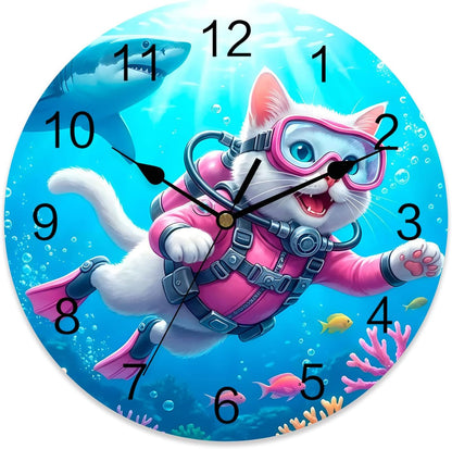Cute Cat Round Wall Clocks 10 Inch Pink Diving Suit Shark Purple Coral Fish Summer Silent Non-Ticking Battery Operated PVC Clock for Wall Home Decor Kitchen Living Room Bedroom Office