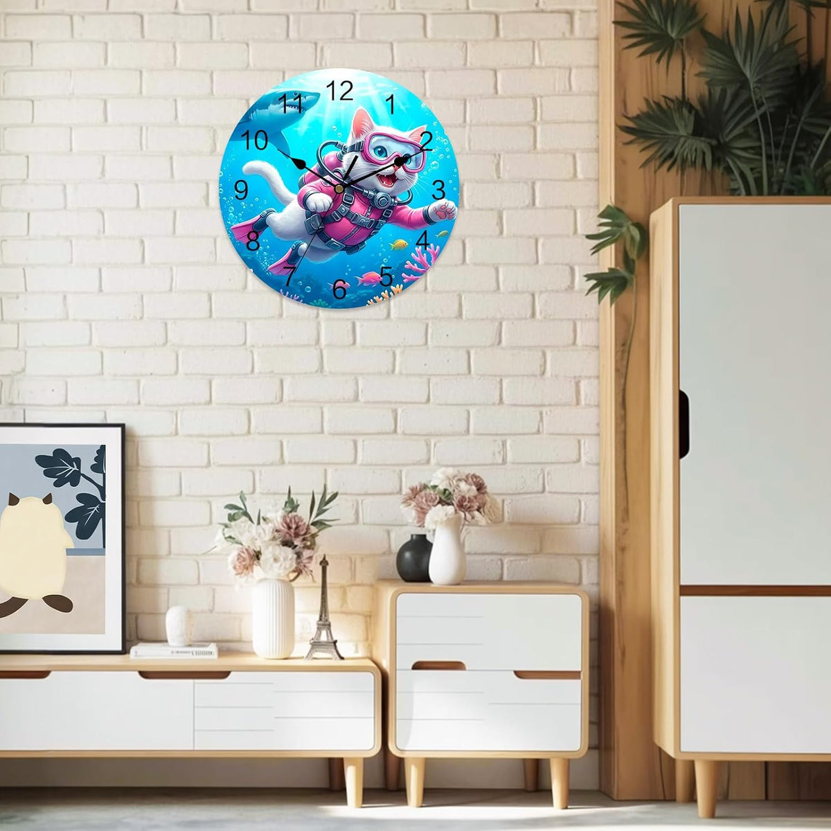 Cute Cat Round Wall Clocks 10 Inch Pink Diving Suit Shark Purple Coral Fish Summer Silent Non-Ticking Battery Operated PVC Clock for Wall Home Decor Kitchen Living Room Bedroom Office