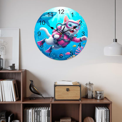 Cute Cat Round Wall Clocks 10 Inch Pink Diving Suit Shark Purple Coral Fish Summer Silent Non-Ticking Battery Operated PVC Clock for Wall Home Decor Kitchen Living Room Bedroom Office