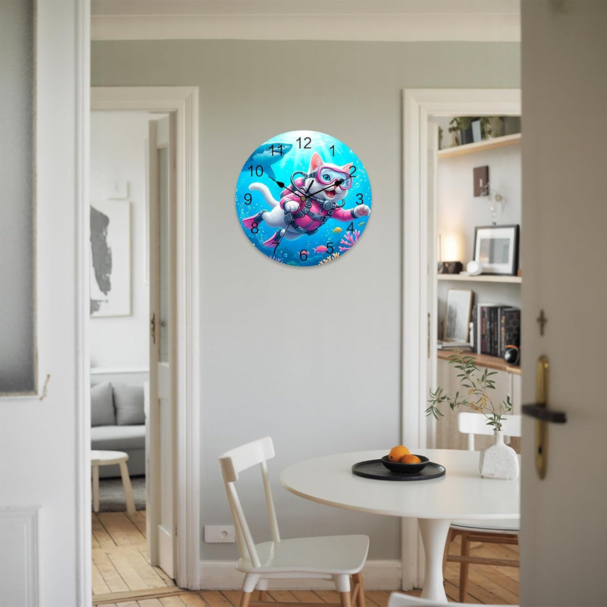 Cute Cat Round Wall Clocks 10 Inch Pink Diving Suit Shark Purple Coral Fish Summer Silent Non-Ticking Battery Operated PVC Clock for Wall Home Decor Kitchen Living Room Bedroom Office