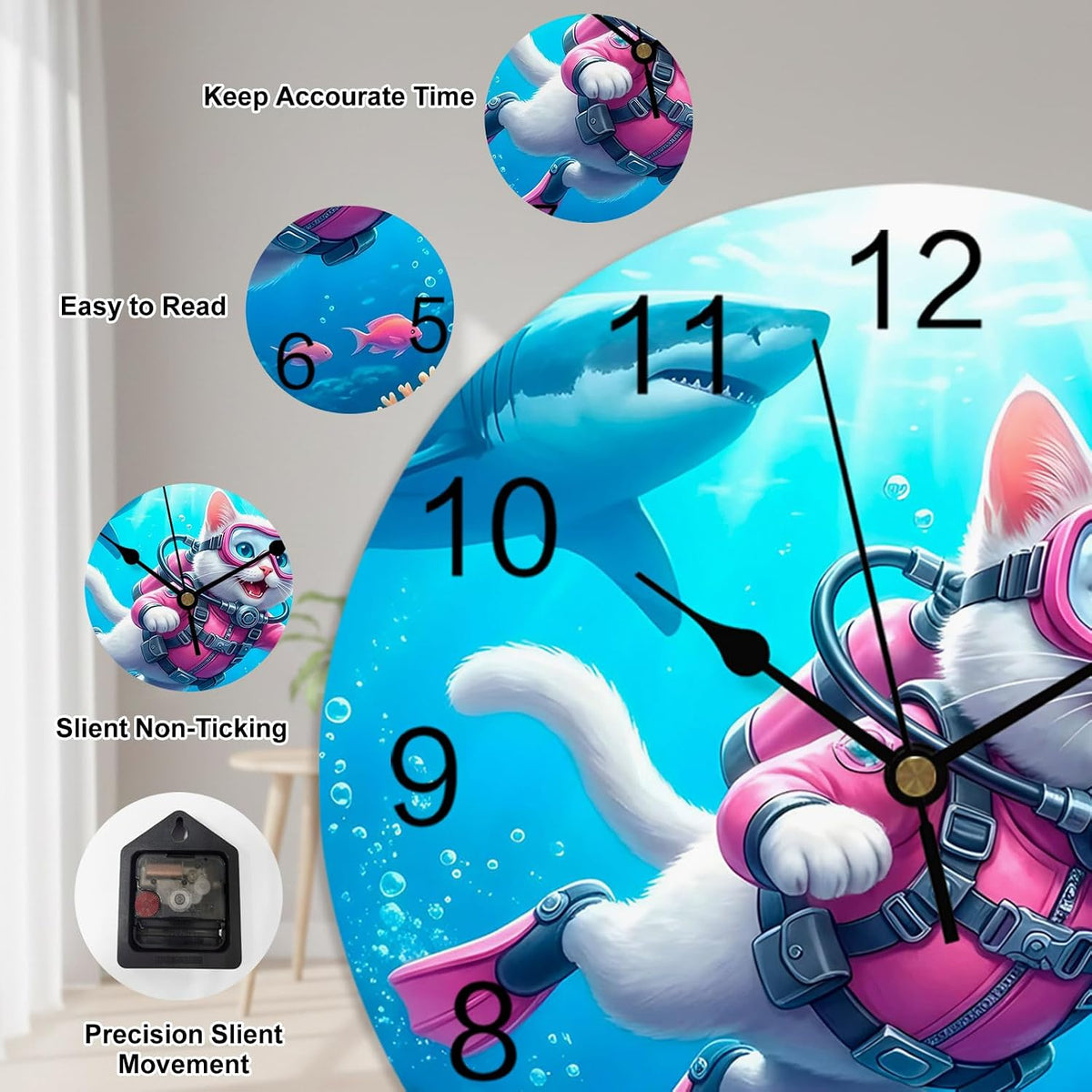 Cute Cat Round Wall Clocks 10 Inch Pink Diving Suit Shark Purple Coral Fish Summer Silent Non-Ticking Battery Operated PVC Clock for Wall Home Decor Kitchen Living Room Bedroom Office