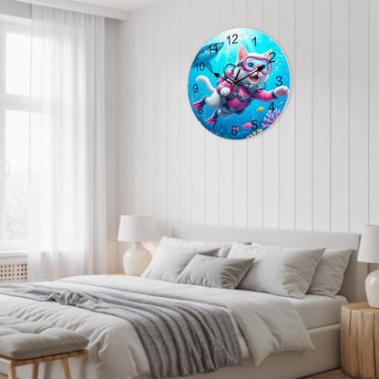 Cute Cat Round Wall Clocks 10 Inch Pink Diving Suit Shark Purple Coral Fish Summer Silent Non-Ticking Battery Operated PVC Clock for Wall Home Decor Kitchen Living Room Bedroom Office