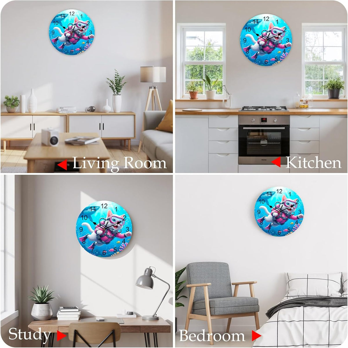 Cute Cat Round Wall Clocks 10 Inch Pink Diving Suit Shark Purple Coral Fish Summer Silent Non-Ticking Battery Operated PVC Clock for Wall Home Decor Kitchen Living Room Bedroom Office