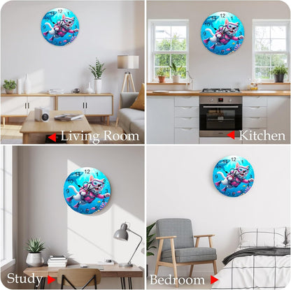 Cute Cat Round Wall Clocks 10 Inch Pink Diving Suit Shark Purple Coral Fish Summer Silent Non-Ticking Battery Operated PVC Clock for Wall Home Decor Kitchen Living Room Bedroom Office