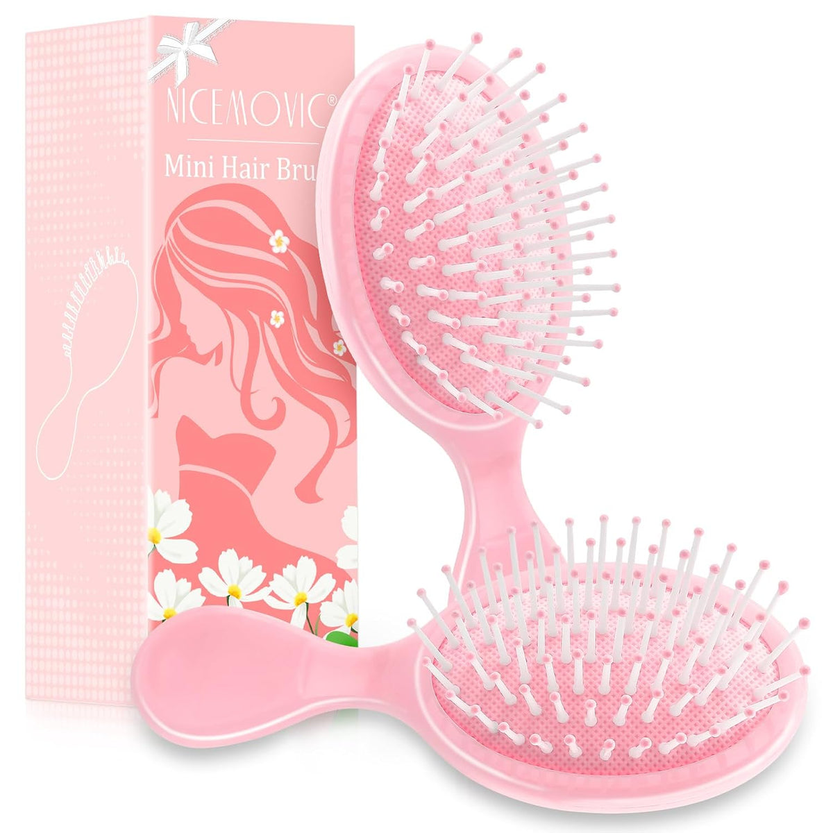 Mini Wet Hair Brush 2 Pack, Stocking Stuffers for Teen Girls Women, Small Gifts for Teen Girls, Small Travel Hair Brush for Toddler Kids, Bachelorette Party Favors Bridesmaid Gifts (Pink)