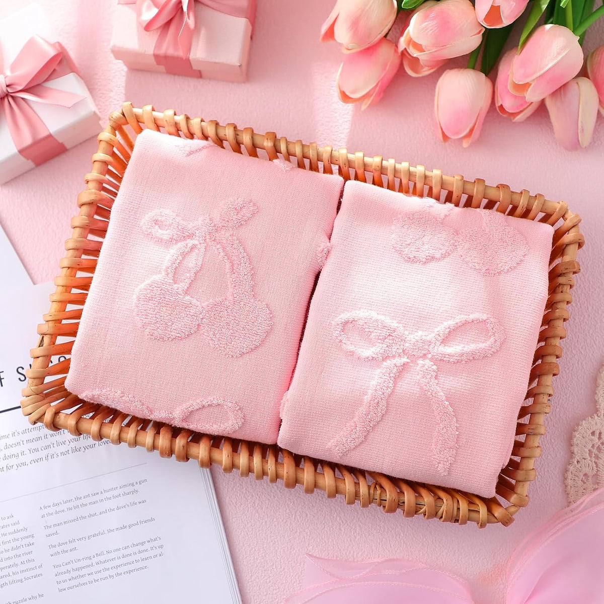2 Pcs Pink Hand Towels for Bathroom Coquette Decor, 100% Cotton