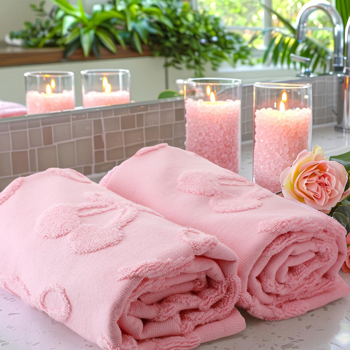 2 Pcs Pink Hand Towels for Bathroom Coquette Decor, 100% Cotton