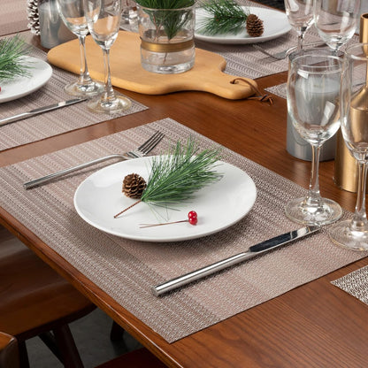 Placemats Set of 8, Washable Vinyl Woven Placemats, Heat Resistant & Wipeable Table Mats for Kitchen Dining Table (Pink Gold)