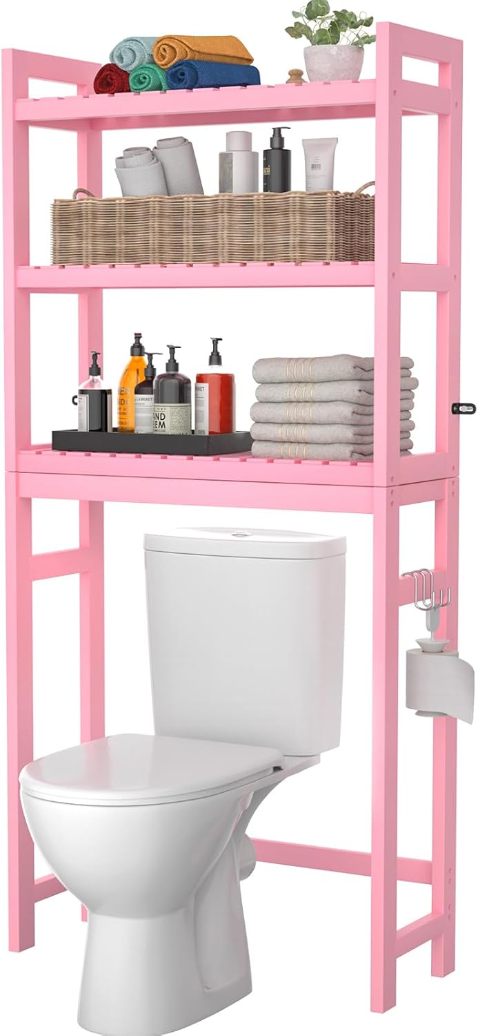 Over The Toilet Storage, 3-Tier Bamboo Bathroom Shelf, Pink