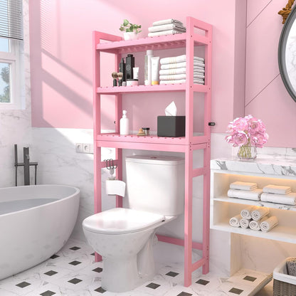 Over The Toilet Storage, 3-Tier Bamboo Bathroom Shelf, Pink