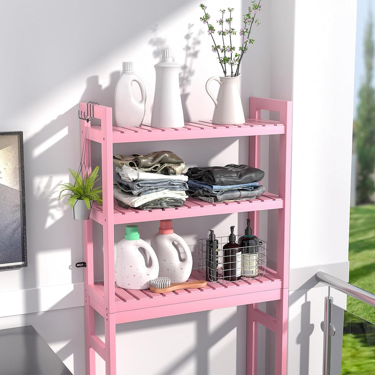 Over The Toilet Storage, 3-Tier Bamboo Bathroom Shelf, Pink