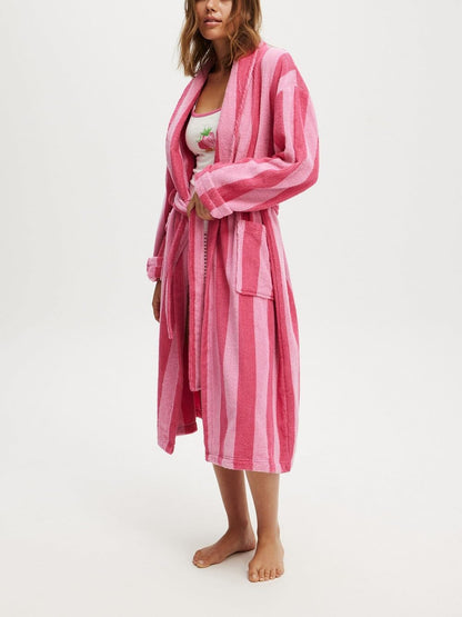 Cute Plush Robes for Women Bow Striped Fluffy Bathrobe Soft Warm Long Robes House Coat Holiday Loungwear