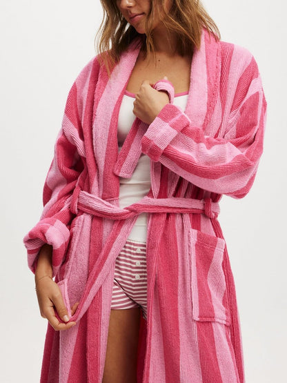 Cute Plush Robes for Women Bow Striped Fluffy Bathrobe Soft Warm Long Robes House Coat Holiday Loungwear