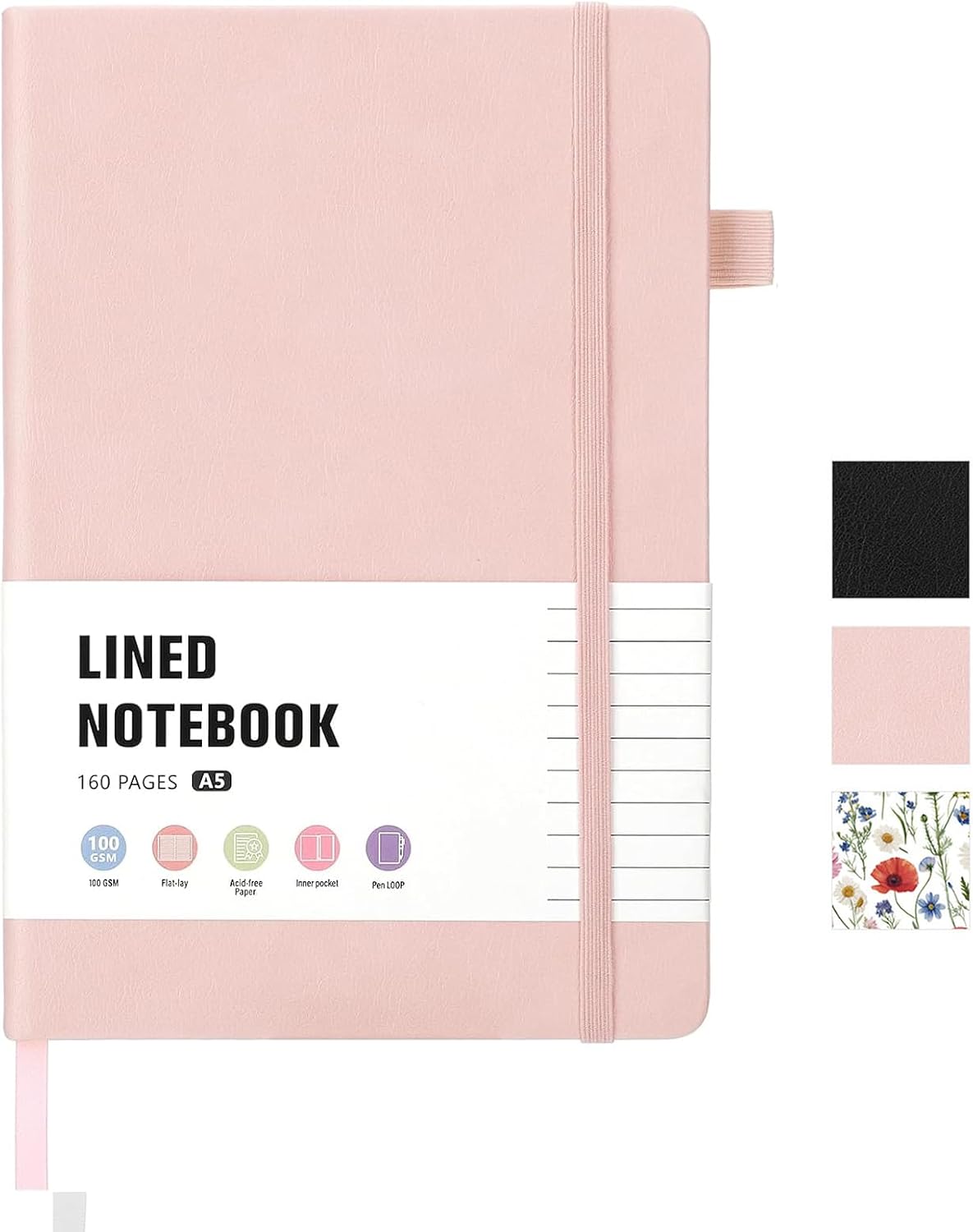 160 Pages A5 Lined Journal Notebook, Hardcover Writing Pad, Pink