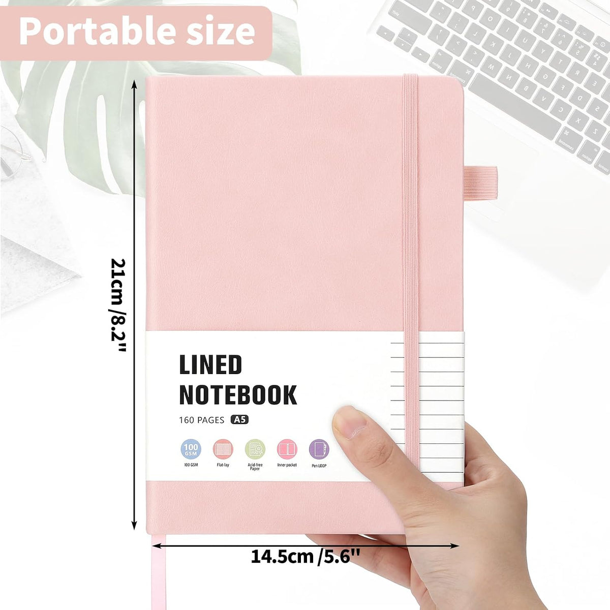 160 Pages A5 Lined Journal Notebook, Hardcover Writing Pad, Pink