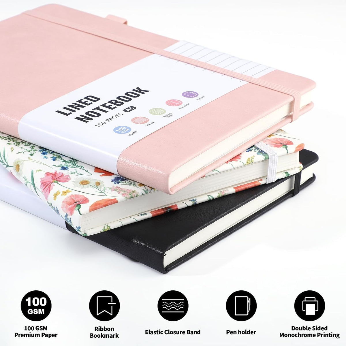 160 Pages A5 Lined Journal Notebook, Hardcover Writing Pad, Pink