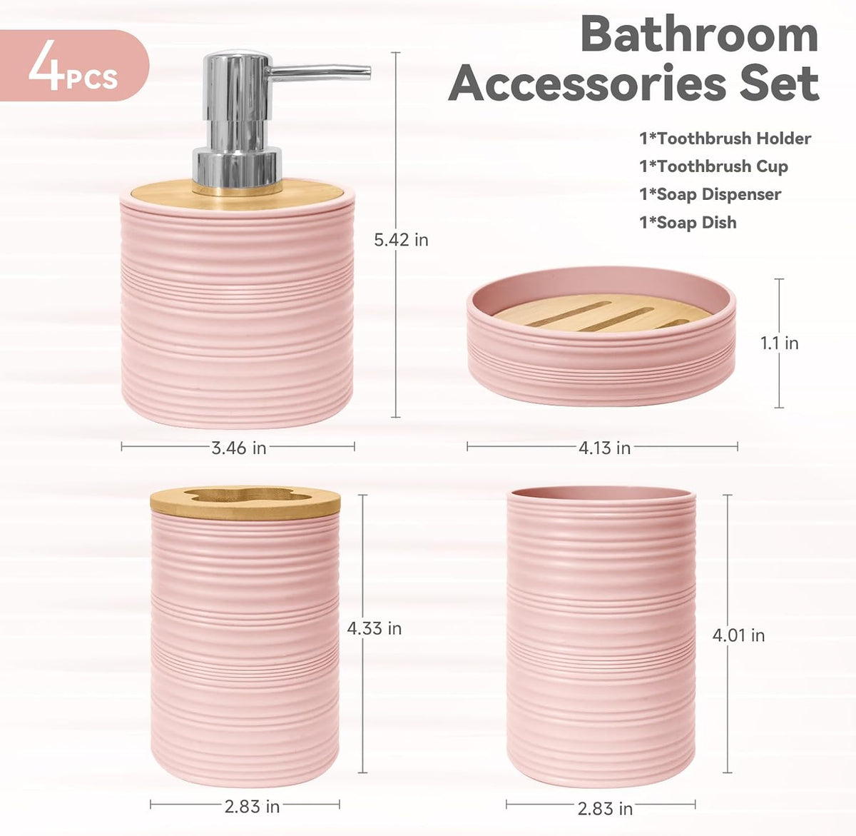 Bathroom Accessories Set 4PCS,Pink Bamboo Bathroom Sets Accessories