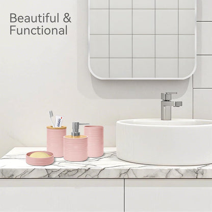 Bathroom Accessories Set 4PCS,Pink Bamboo Bathroom Sets Accessories