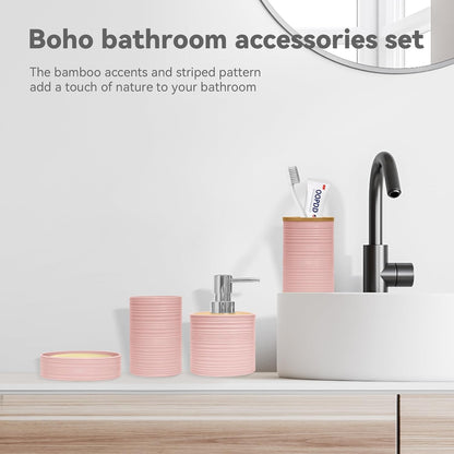 Bathroom Accessories Set 4PCS,Pink Bamboo Bathroom Sets Accessories