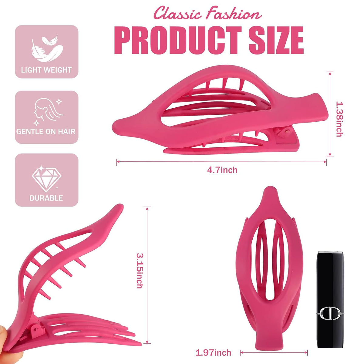Flat Hair Clips for Women - 6 PCS French Flat Claw Clips Medium Hair Clips for Girls Large Hair Claw Clips for Thick or Thin Hair Strong Hold No Slip Hair Accessories for women (Pink)