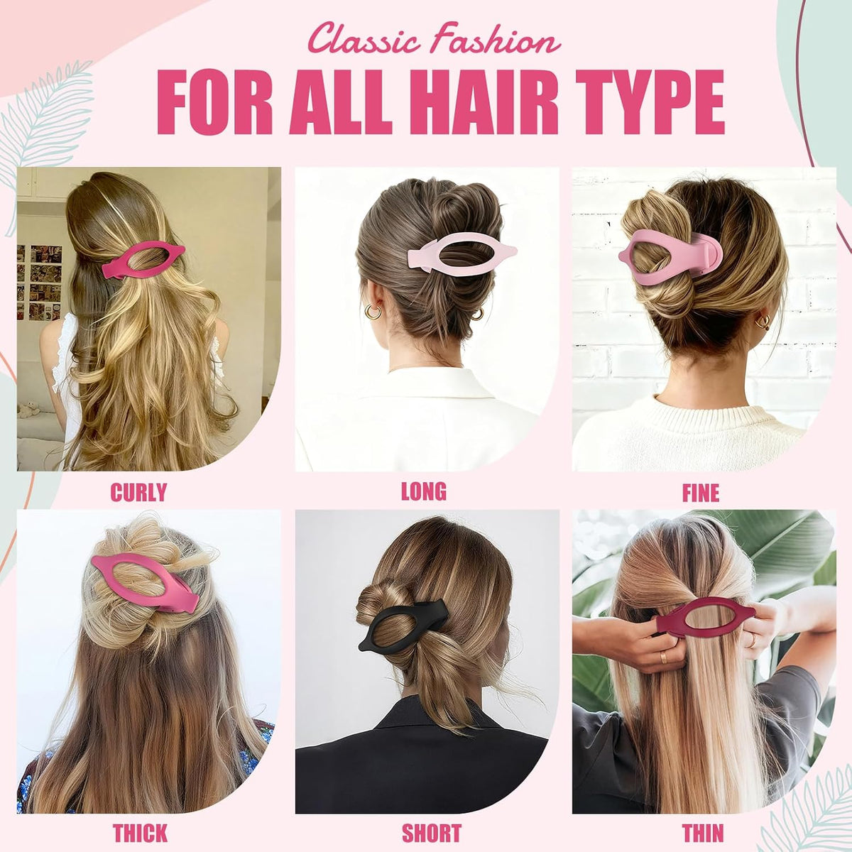 Flat Hair Clips for Women - 6 PCS French Flat Claw Clips Medium Hair Clips for Girls Large Hair Claw Clips for Thick or Thin Hair Strong Hold No Slip Hair Accessories for women (Pink)