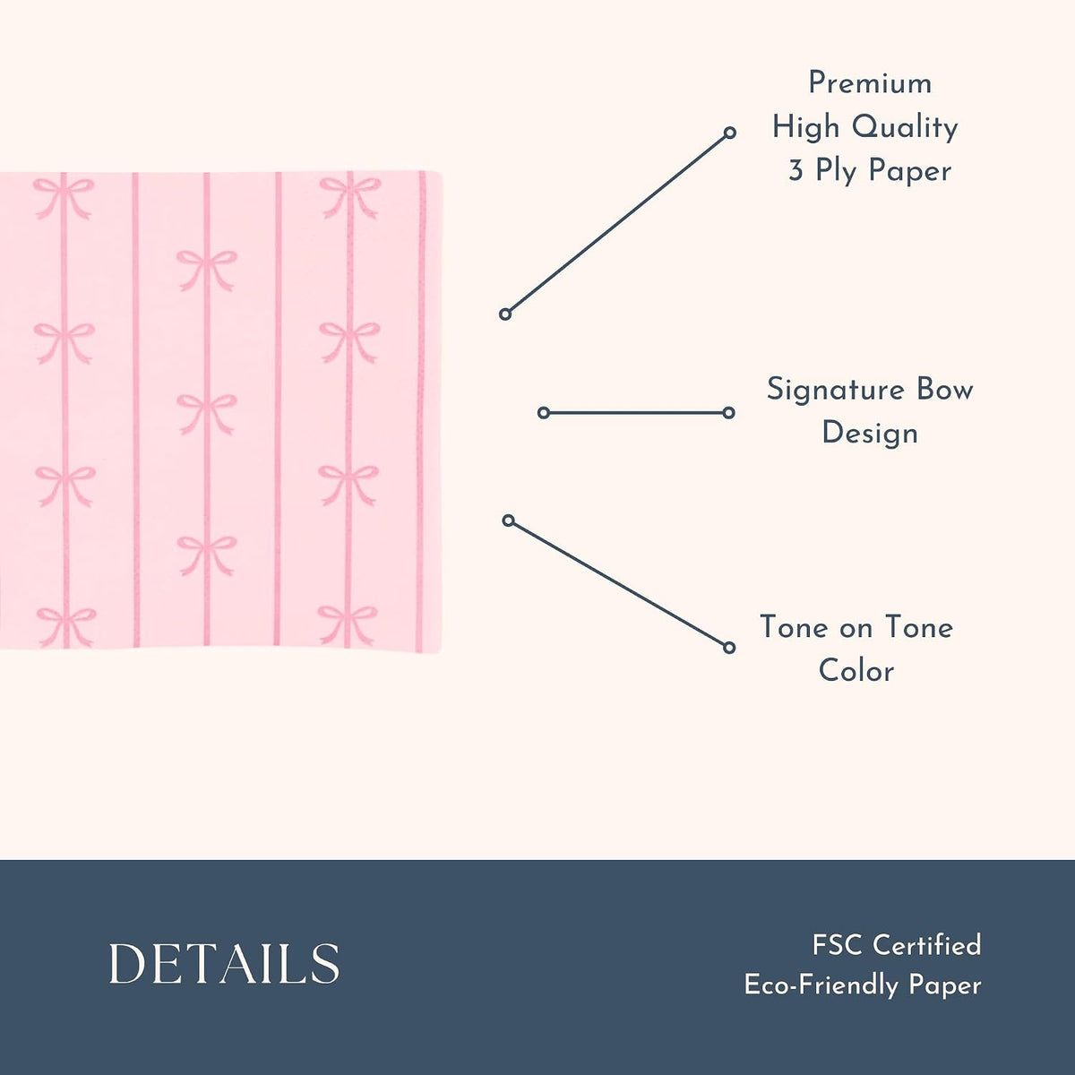 Petal Pink Signature Bow Cocktail Napkins, Pack of 20, 5"