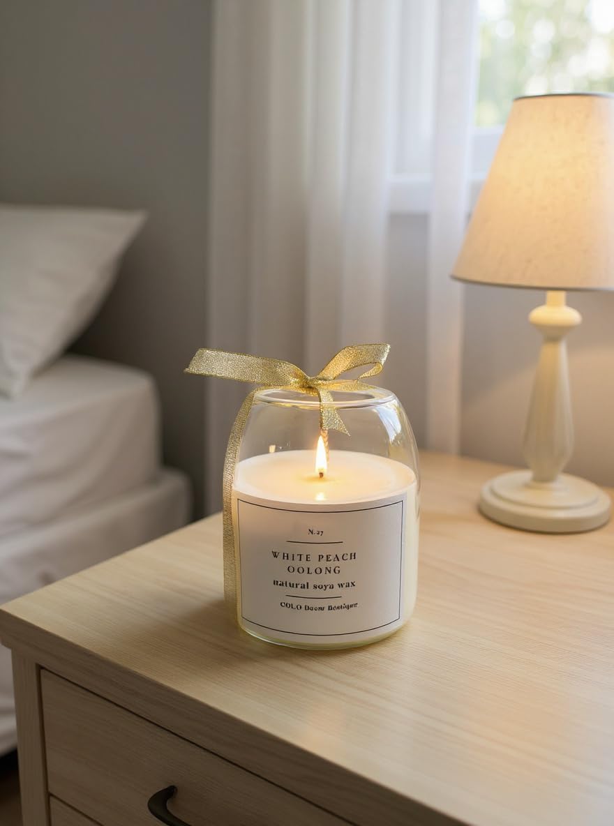 White Peach Oolong Scented Handmade Candle – Natural Soy Wax Blend | Soft Fruity Tea-Inspired Aroma | Handmade Candle | Gift for Birthday | Elegant Gift Candle by COLO Decor Boutique