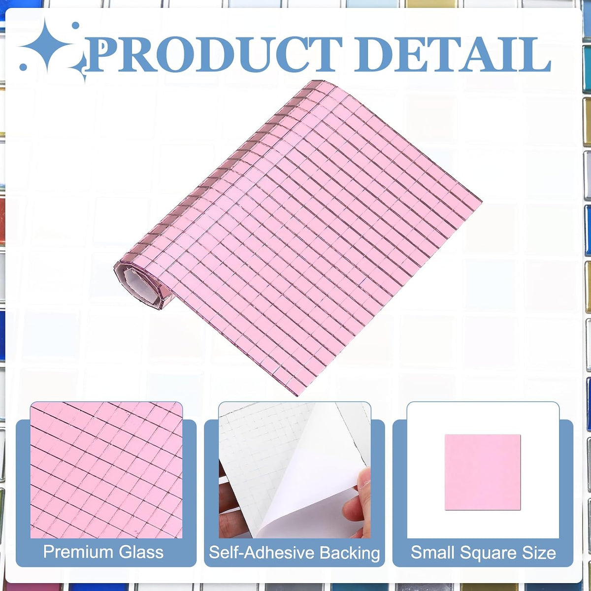 1200 Pcs Mirror Mosaic Tiles 5 x 5 mm Square Glass Self-Adhesive Disco Ball Mirror Tiles Sticker for DIY Craft Decoration Art Collage Card Making, Pink