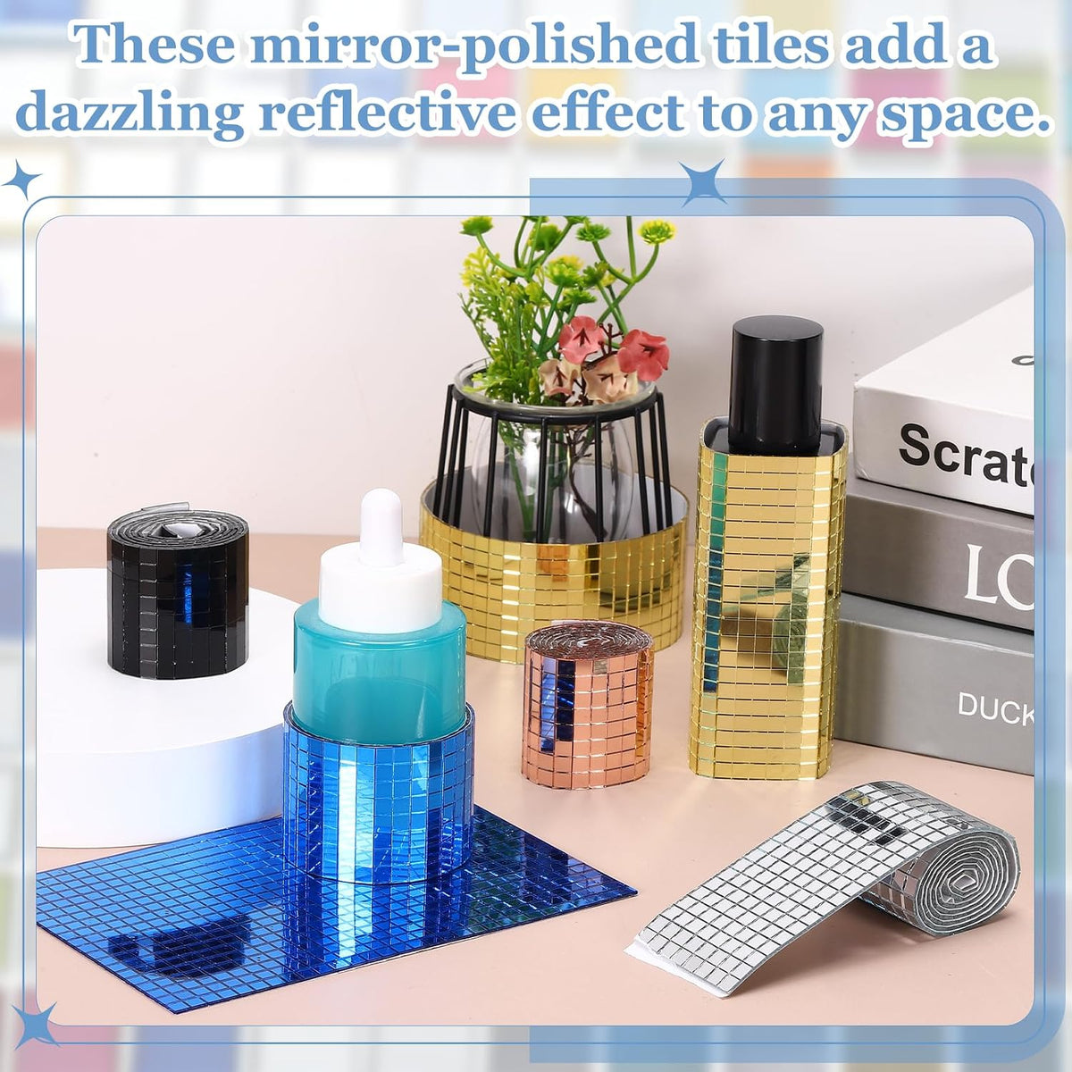 1200 Pcs Mirror Mosaic Tiles 5 x 5 mm Square Glass Self-Adhesive Disco Ball Mirror Tiles Sticker for DIY Craft Decoration Art Collage Card Making, Pink