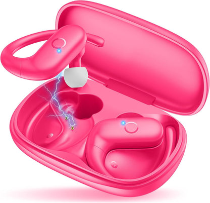 Wireless Earbuds Bluetooth 5.3 Headphones Sport,Over Ear Buds with Deep Bass Sound,60Hrs Playtime Earphones Redesigned Comfort Fit with Earhooks for Running,Meeting,Workout-Pink