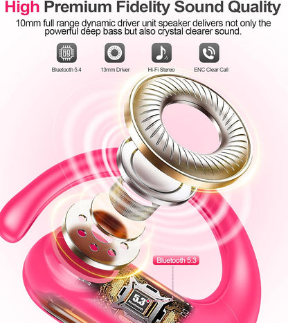 Wireless Earbuds Bluetooth 5.3 Headphones Sport,Over Ear Buds with Deep Bass Sound,60Hrs Playtime Earphones Redesigned Comfort Fit with Earhooks for Running,Meeting,Workout-Pink