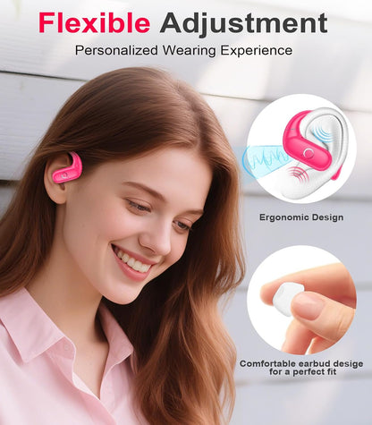 Wireless Earbuds Bluetooth 5.3 Headphones Sport,Over Ear Buds with Deep Bass Sound,60Hrs Playtime Earphones Redesigned Comfort Fit with Earhooks for Running,Meeting,Workout-Pink