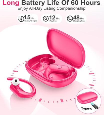 Wireless Earbuds Bluetooth 5.3 Headphones Sport,Over Ear Buds with Deep Bass Sound,60Hrs Playtime Earphones Redesigned Comfort Fit with Earhooks for Running,Meeting,Workout-Pink