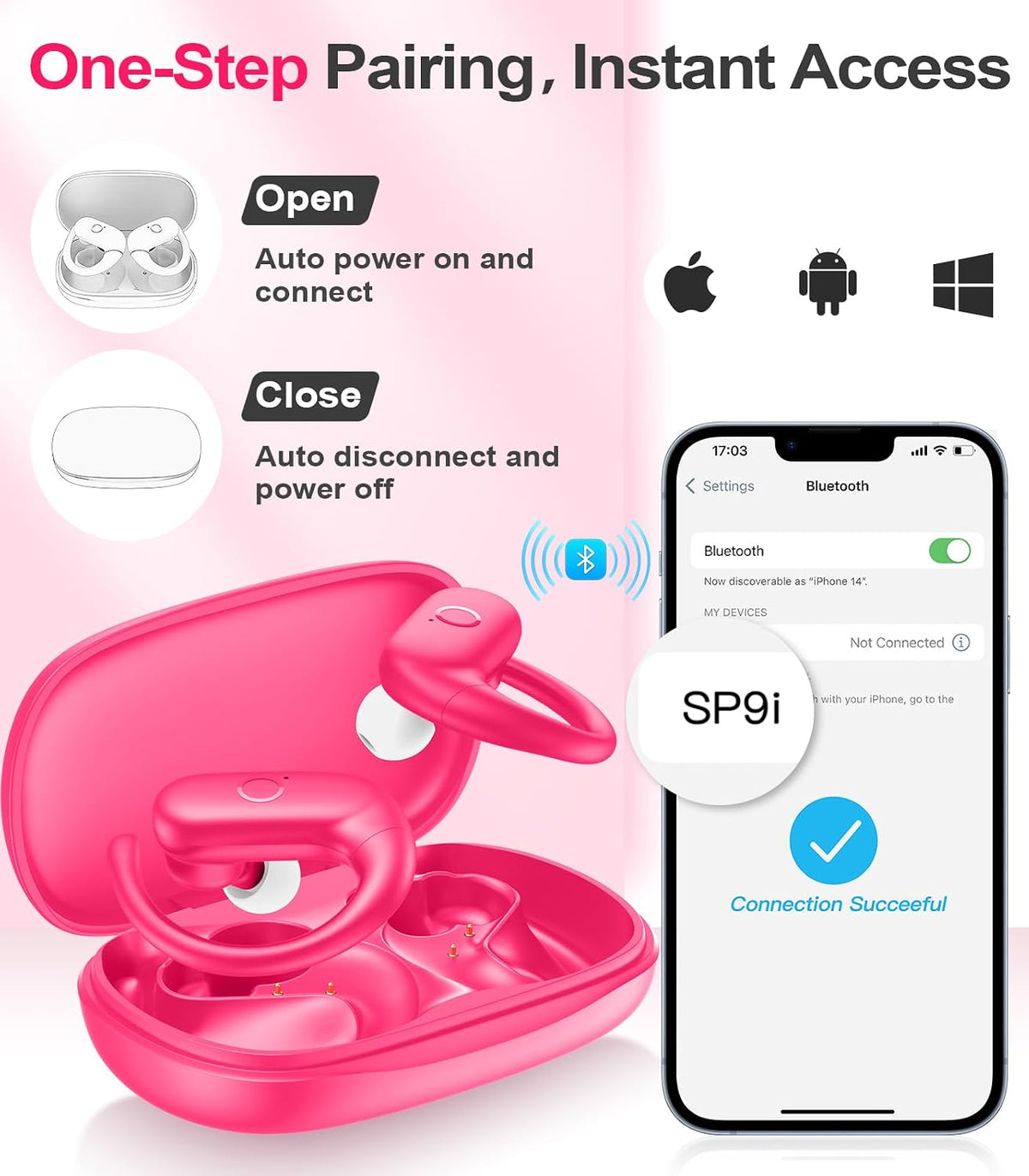 Wireless Earbuds Bluetooth 5.3 Headphones Sport,Over Ear Buds with Deep Bass Sound,60Hrs Playtime Earphones Redesigned Comfort Fit with Earhooks for Running,Meeting,Workout-Pink