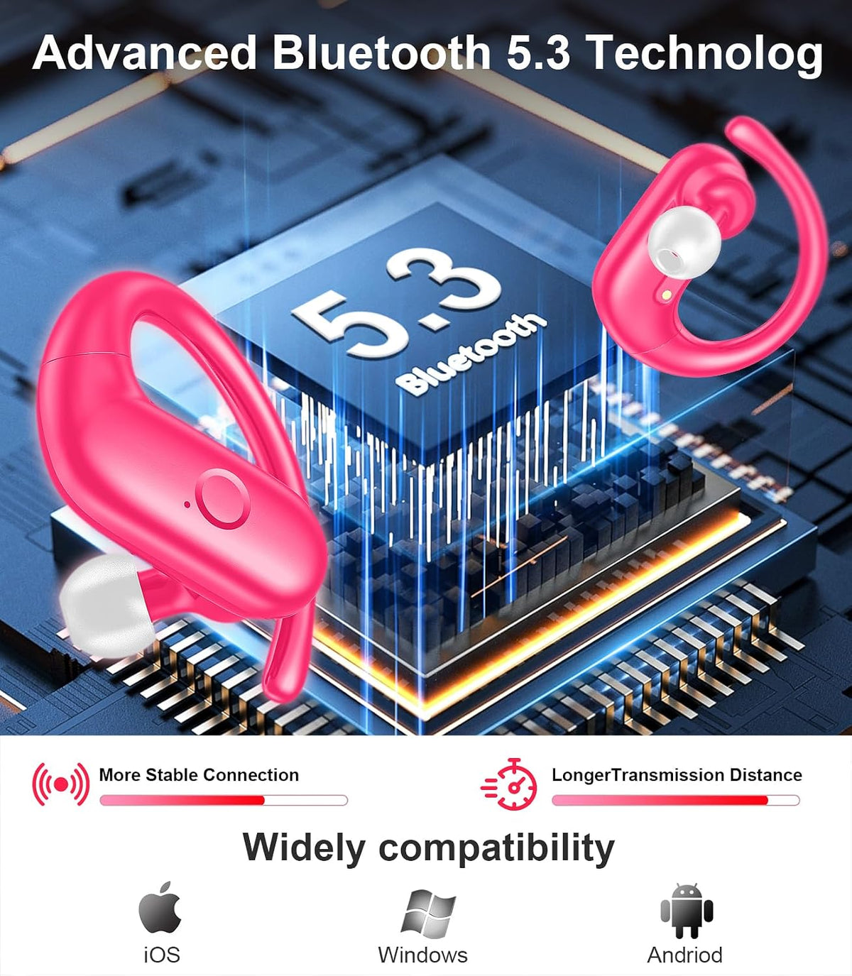 Wireless Earbuds Bluetooth 5.3 Headphones Sport,Over Ear Buds with Deep Bass Sound,60Hrs Playtime Earphones Redesigned Comfort Fit with Earhooks for Running,Meeting,Workout-Pink