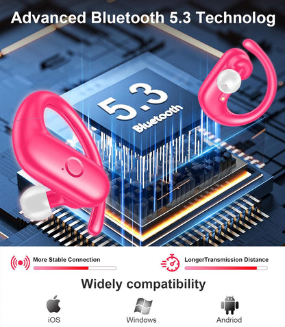Wireless Earbuds Bluetooth 5.3 Headphones Sport,Over Ear Buds with Deep Bass Sound,60Hrs Playtime Earphones Redesigned Comfort Fit with Earhooks for Running,Meeting,Workout-Pink