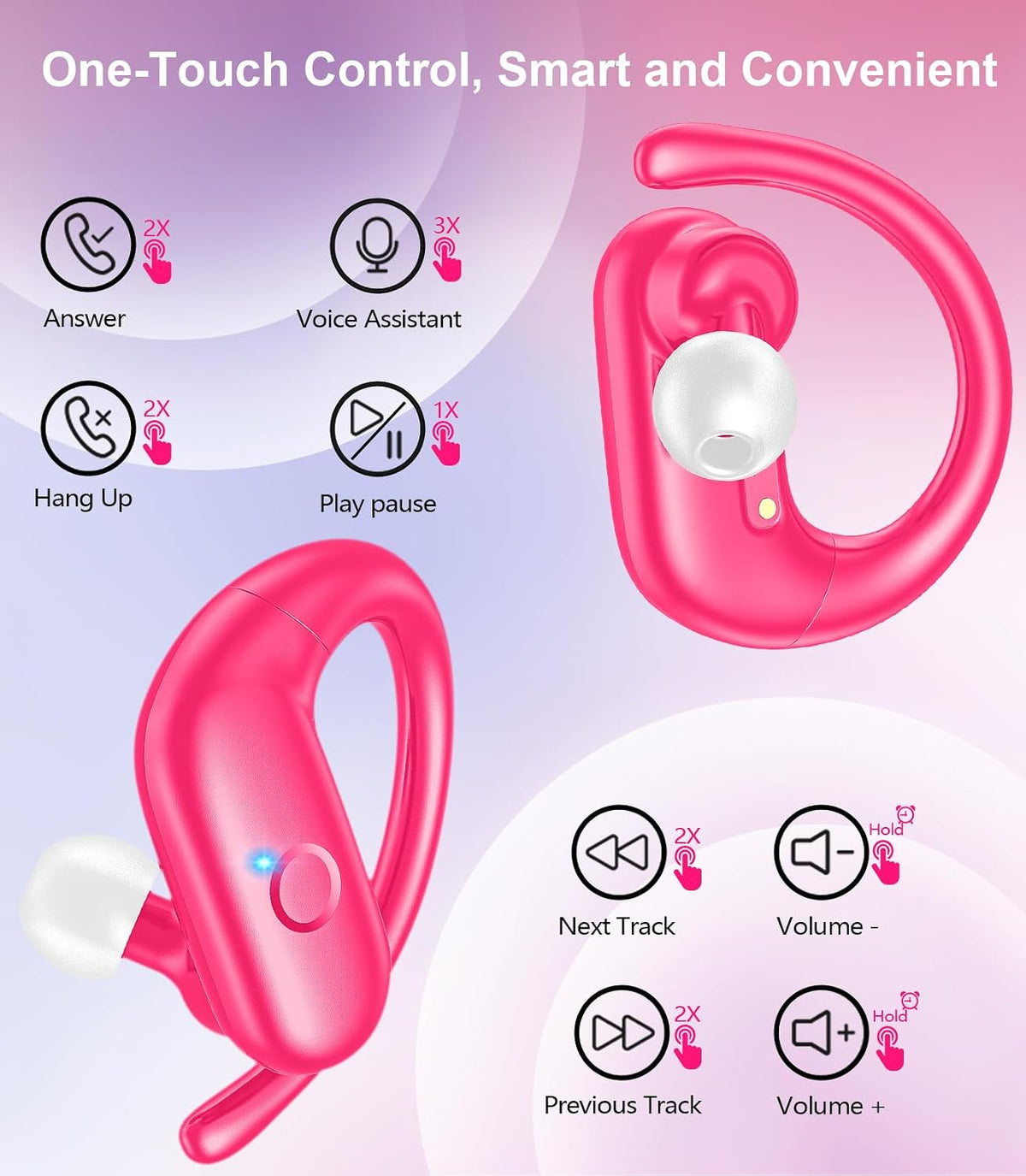 Wireless Earbuds Bluetooth 5.3 Headphones Sport,Over Ear Buds with Deep Bass Sound,60Hrs Playtime Earphones Redesigned Comfort Fit with Earhooks for Running,Meeting,Workout-Pink