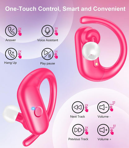 Wireless Earbuds Bluetooth 5.3 Headphones Sport,Over Ear Buds with Deep Bass Sound,60Hrs Playtime Earphones Redesigned Comfort Fit with Earhooks for Running,Meeting,Workout-Pink