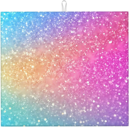 Fun Rainbow Pink (1) Print Microfiber Dish Drying Mat for Kitchen Counter 16x18 in Super Absorbent Drying Pad for Countertops, Sinks, Draining Racks with Hanging