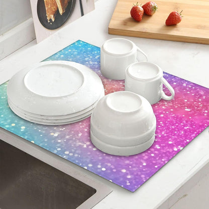 Fun Rainbow Pink (1) Print Microfiber Dish Drying Mat for Kitchen Counter 16x18 in Super Absorbent Drying Pad for Countertops, Sinks, Draining Racks with Hanging