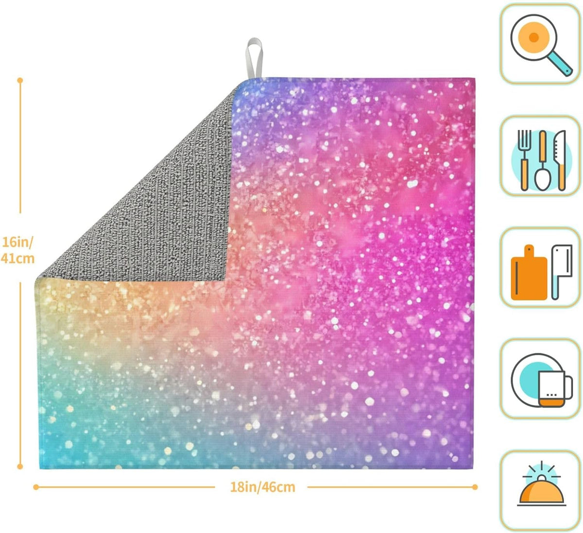 Fun Rainbow Pink (1) Print Microfiber Dish Drying Mat for Kitchen Counter 16x18 in Super Absorbent Drying Pad for Countertops, Sinks, Draining Racks with Hanging