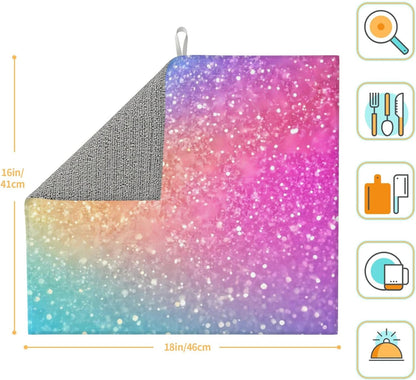 Fun Rainbow Pink (1) Print Microfiber Dish Drying Mat for Kitchen Counter 16x18 in Super Absorbent Drying Pad for Countertops, Sinks, Draining Racks with Hanging