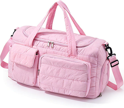 Pink Gym Bag for Women, Cute Travel Duffel Bag with Shoe Compartment & Wet Pocket, Lightweight Puffer Weekender Overnight Bag, Travel Carry On for Sport, Hospital, Yoga