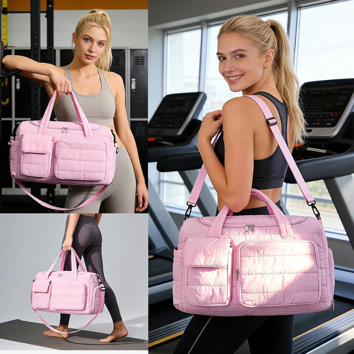 Pink Gym Bag for Women, Cute Travel Duffel Bag with Shoe Compartment & Wet Pocket, Lightweight Puffer Weekender Overnight Bag, Travel Carry On for Sport, Hospital, Yoga