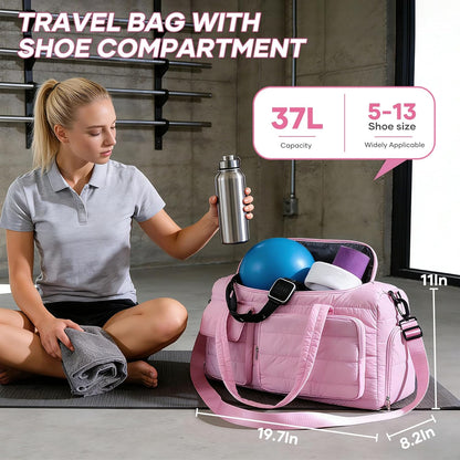 Pink Gym Bag for Women, Cute Travel Duffel Bag with Shoe Compartment & Wet Pocket, Lightweight Puffer Weekender Overnight Bag, Travel Carry On for Sport, Hospital, Yoga