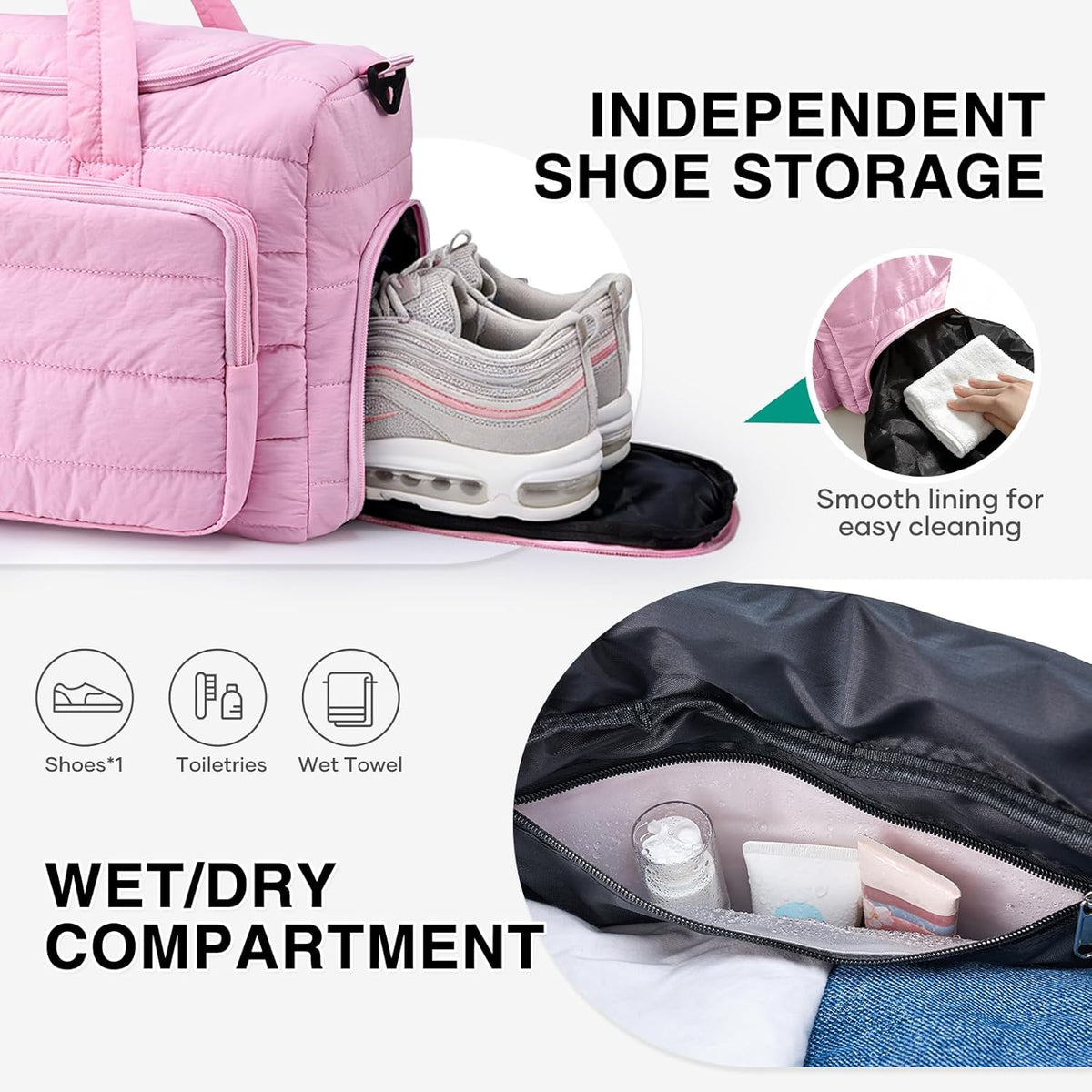 Pink Gym Bag for Women, Cute Travel Duffel Bag with Shoe Compartment & Wet Pocket, Lightweight Puffer Weekender Overnight Bag, Travel Carry On for Sport, Hospital, Yoga